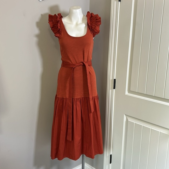 Nation Everleigh Frilly Dress Cayenne Red Orange poplin flutter sleeve Sz XS - Picture 5 of 14
